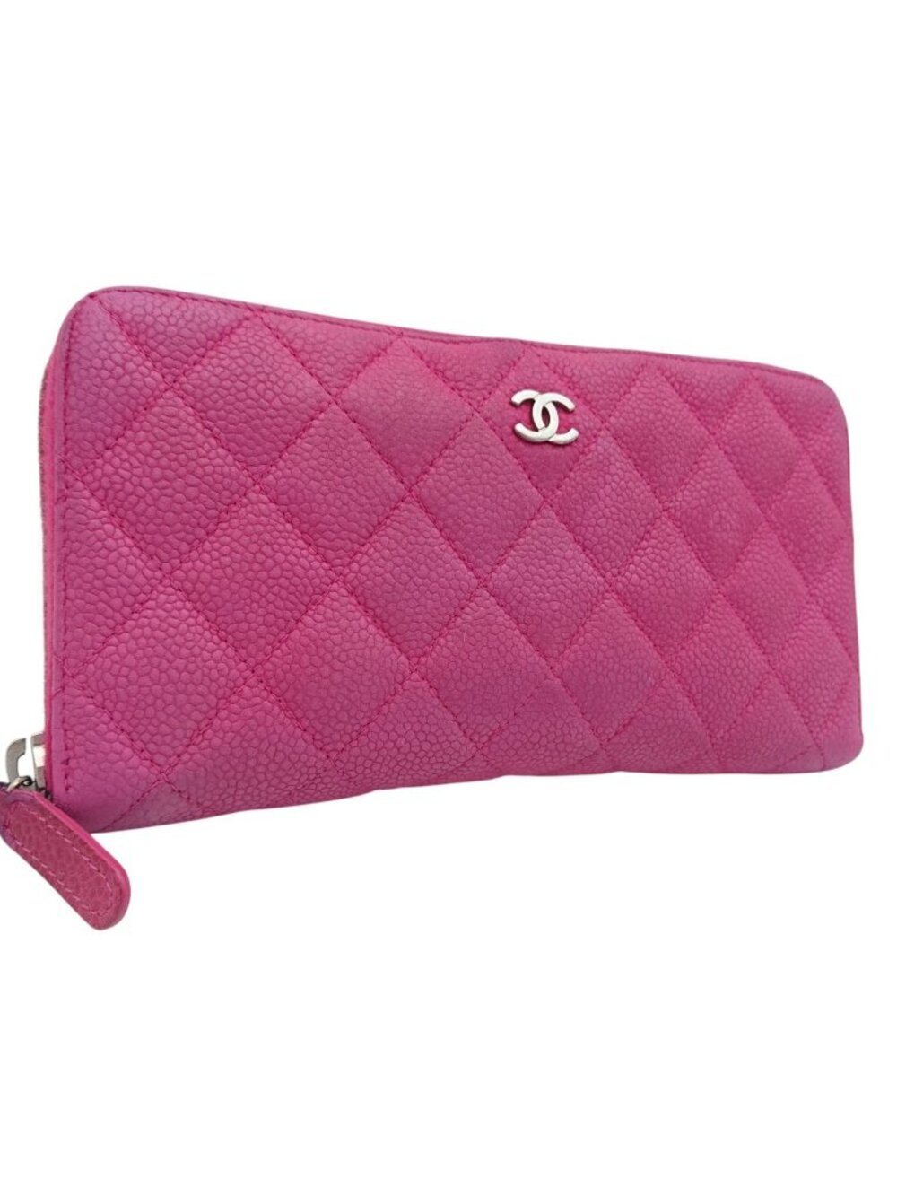 Chanel Quilted Wallet Caviar Leather Pink CC Logo Zip Around